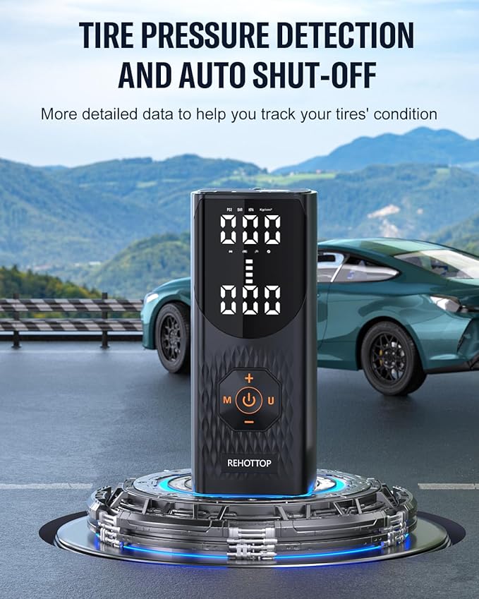 REHOTTOP Tire Inflator Portable Air Compressor, 160 PSI Cordless Air Pump for Car Tires with Digital Pressure Gauge, LED Light & Auto Shut-Off, 5X Fast Inflation for Car, Motorcycle, Bicycle, Ball