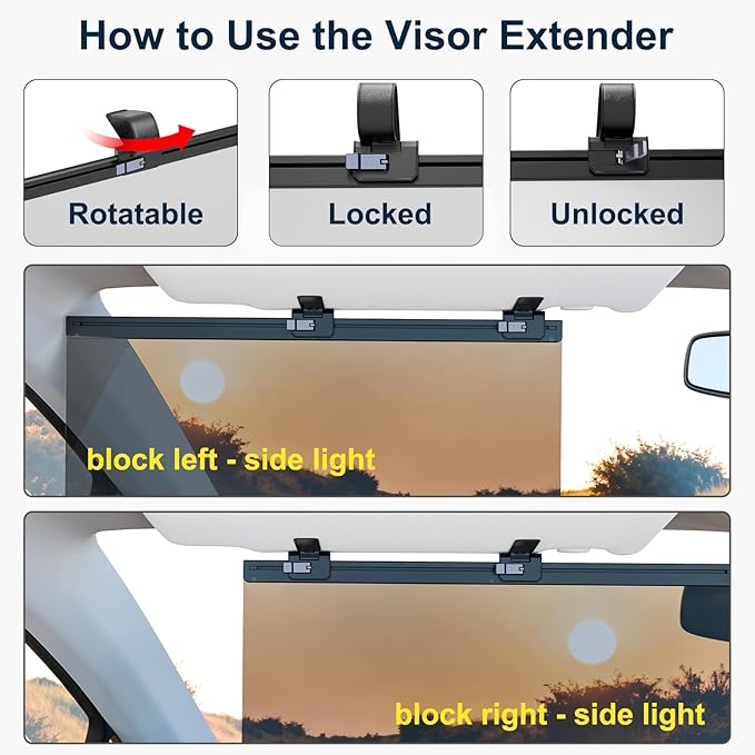 Sun Visor Extender for Car, Visor Extender Attachment for Car, Adjustable Visor Extender Sun Blocker UV400, Polarized Sun Visor Extender, Anti-Glare, UV Protector (2 Pack, Large)