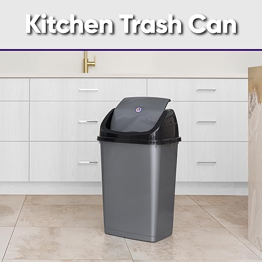 Superio Kitchen Trash Can 13 Gallon with Swing Lid, Plastic Tall Garbage Can Outdoor and Indoor, Large 52 Qt Recycle Bin and Waste Basket for Home, Office, Garage, Patio, Restaurant (2, Grey)