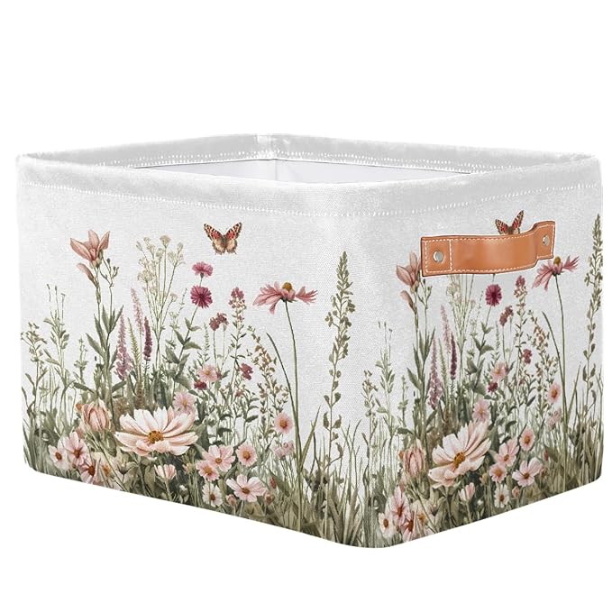 Spring Wildflowers Storage Baskets for Organizing, Fabric Collapsible Storage Bins Box Plants Floral Decorative Toy Organizer Baskets for Closet Shelves Gift Basket 1 Pc
