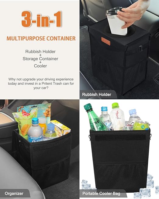 Car Trash Can with Lid, Cute Leakproof Car Trash Garbage Bag Hanging Vehicle Trash Bin Small Portable Automotive Garbage Cans Organizer for Back/Front Seat/Console(2.8 Gallons,Black)