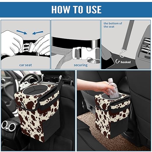 Brown Cow Print Collapsible Car Trash Can with Lid - Reusable, Waterproof, Garage Bag, Interior Car Organizer