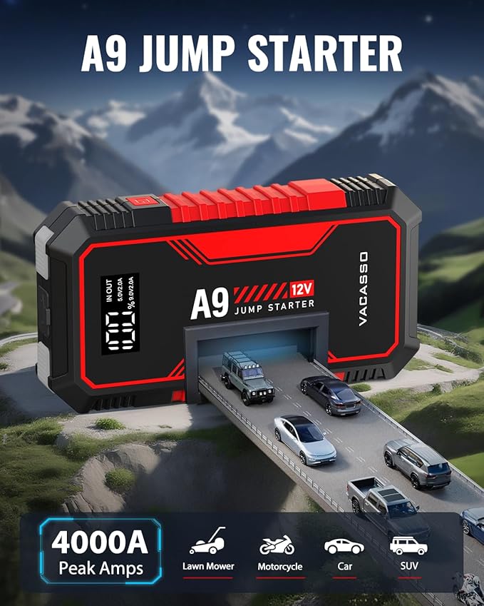 Jump Starter 4000A, VACASSO A9 Battery Jumper Starter Portable (7L Gas/4L Diesel), 12V Car Battery Booster Jump Starters Pack, Jumpstart with USB Ports, Jumper Cables, LED Light, Storage Case