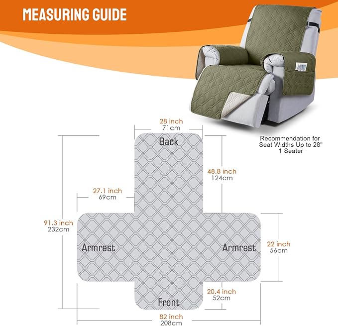 VANSOFY 100% Waterproof Recliner Chair Covers, Recliner Cover Non-Slip Dog Chair Cover Furniture Protector Washable Slipcover with Pocket, Elastic Straps for Pets, Dogs(Olive Green, 28")