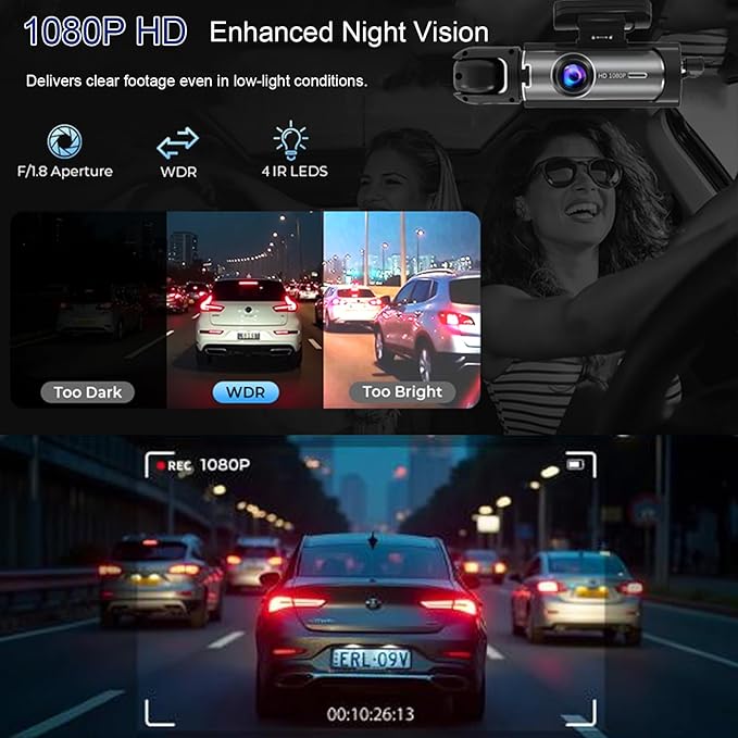 Dash Cam Front and Inside, 1080P Dual Dash Cam for Car, 3.16 Inch IPS Screen Driving Recorder with IR Night Vision, Loop Recording, Wide Angle Lens, 24H Parking Traffic Recorder
