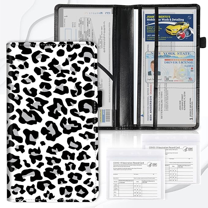 Car Registration and Insurance Card Holder, Premium Leather Vehicle Wallet Cover for Glove Box Car Organizer Drivers License / Cards / ID - Essentials Document Holder, White Cheetah Leopard Print