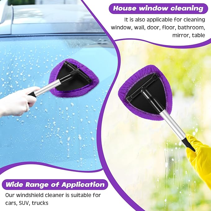 Baderke 10 Pcs Windshield Cleaner Tool Car Window Cleaning Supplies with Extendable Handle Include 6 Washable Microfiber Bonnets 2 Empty 60ml Spray Bottle Glass Wiper Kit(Purple)