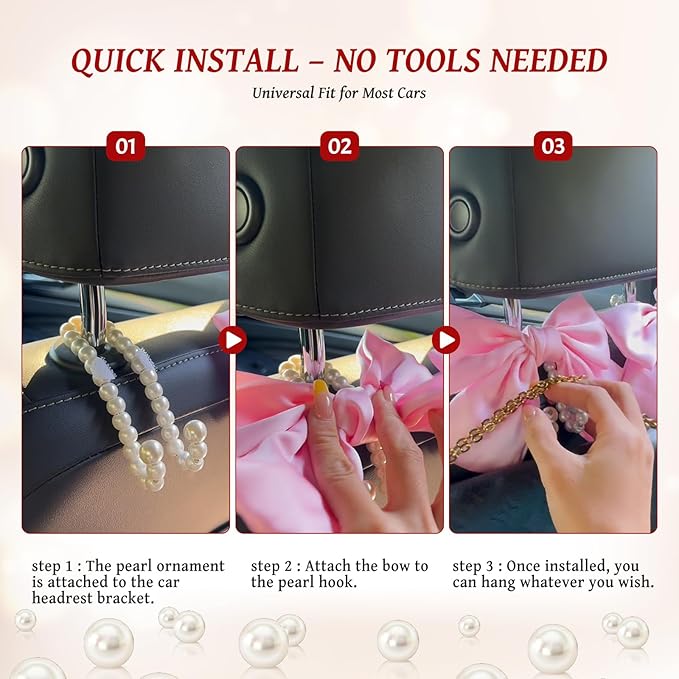 2 PCS Bow Pearl Car Seat Headrest Hook – Cute Purse Hook for Car, Girly Interior Decoration Accessories Hook Hanger, Seatback Holder for Purses & Bags, Elegant Car Organizer (Red)