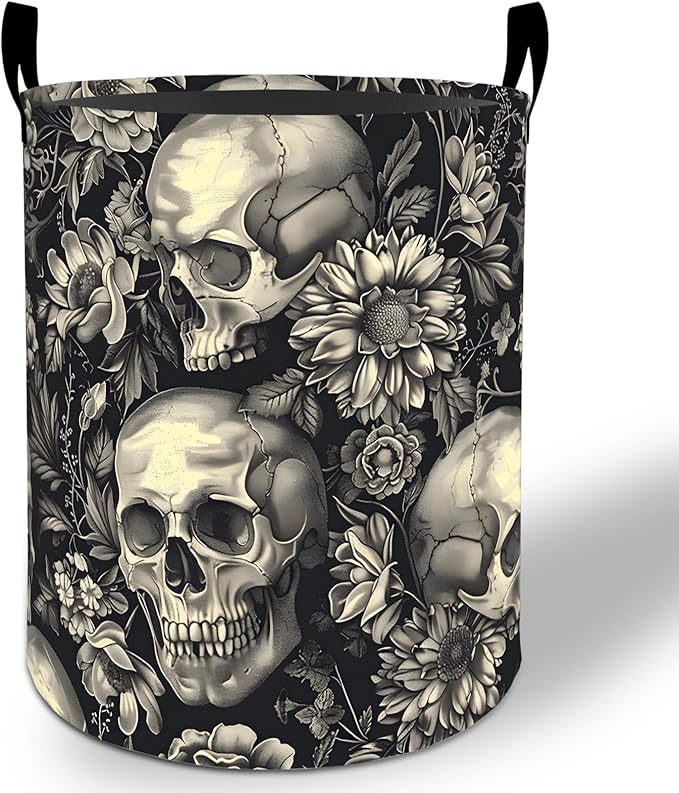 Skull Floral Laundry Basket Hamper 19.7"x15.8", Gothic Foldable Waterproof Oxford Clothes Storage Bucket for Room Bathroom Bedroom Nursery Decor, Toy Organizer Bins Gifts for Kids Boys Girls