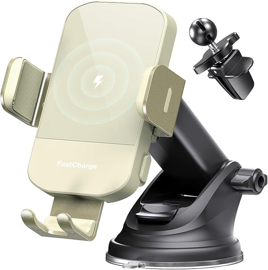 CHGeek Wireless Car Charger, 15W Fast Charging Auto Clamping Car Charger Phone Mount Phone Holder fit for iPhone 15 14 13 12 11 Pro Max Xs, Samsung Galaxy S24 Ultra S23 S22 S21, S20, S10+, Khaki