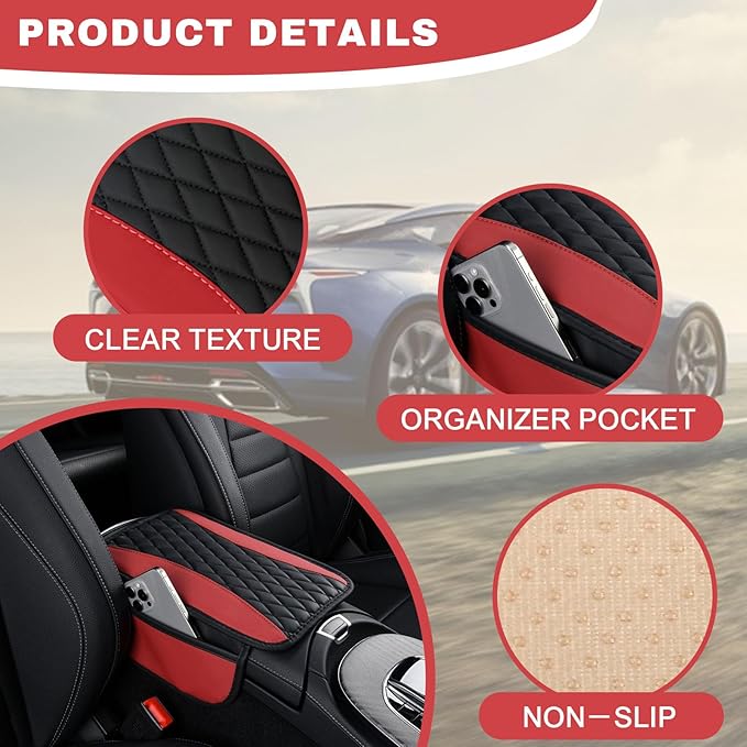 Leather Car Center Console Cover with Side Pockets, Upgraded Arm Rest Cover for Car Seat Organizer, Middle Console Cover Stylish Car Decoration, Universal for Most Vehicles (Red)