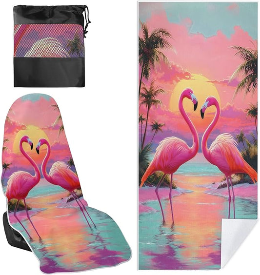 1 Pack Car Towel Seat Covers with Storage Bag, Multifunctional Towel for Gym Outdoor Sport, Picnic, Beach, Pet Dog Travel,Non-Slip Washable Car Seat Protector (Flamingo)