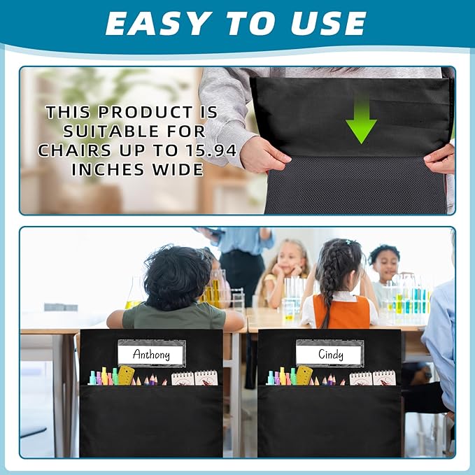 24 Pcs Classroom Chair Pockets, 19.49 x 15.94 inch Chair Pockets For Classroom, Seat Sacks for Classroom Chairs, Buddy Pocket, Chart Seat Back Organizer with Name Tag