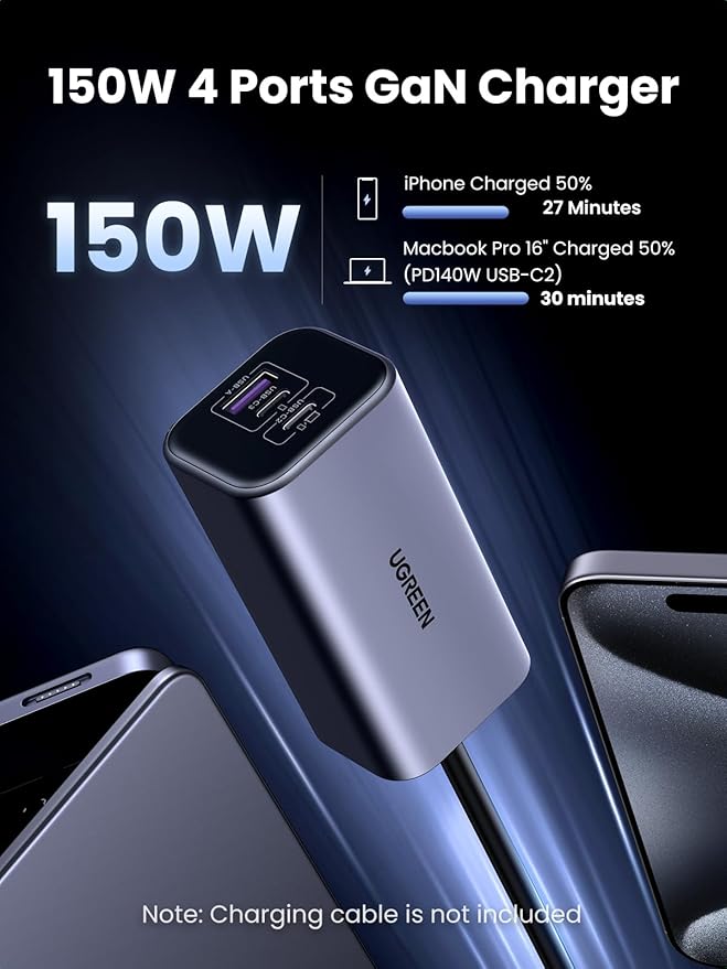 UGREEN 150W USB C Car Charger, PD 3.1 140W Car Charger Adapter Fast Charging 4-Port Cigarette Lighter USB Multi Port Charger Compatible with iPhone 17/16/15, Galaxy S24/S23, iPad, Tablet, Laptop