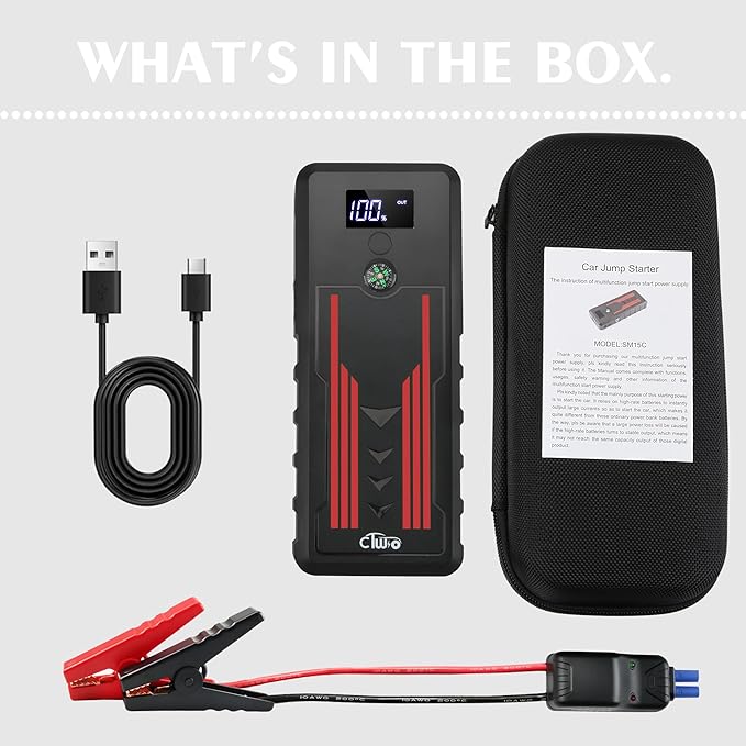 Car Jump Starter 1000A, CTWJO Portable Jump Starter Battery Pack for Up to 7.2L Gas and 5.5L Diesel Engines, 12V Jump Box with USB-C Smart Port, Compass, LCD Screen, LED Light, Travel Case