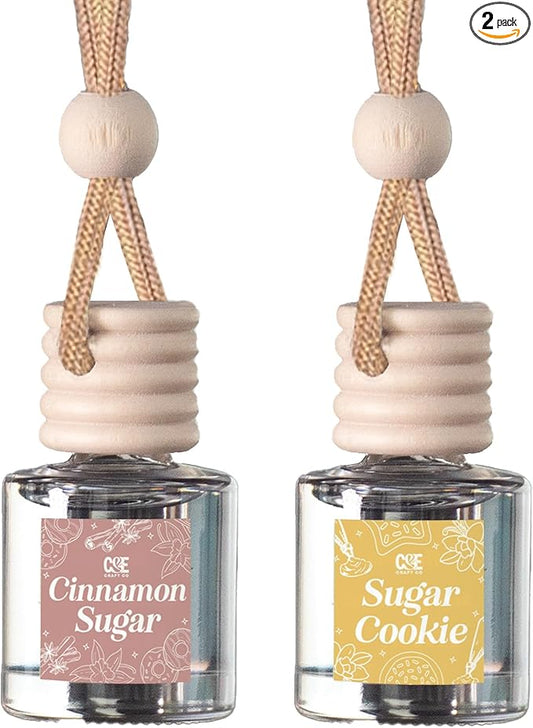 C&E Craft Co Hanging Car Air Freshener Diffuser 2 Pack, Long Lasting Fragrance Oil Car Freshener, Glass Bottle Auto Air Freshener, Made in USA (Cinnamon Sugar + Sugar Cookie)