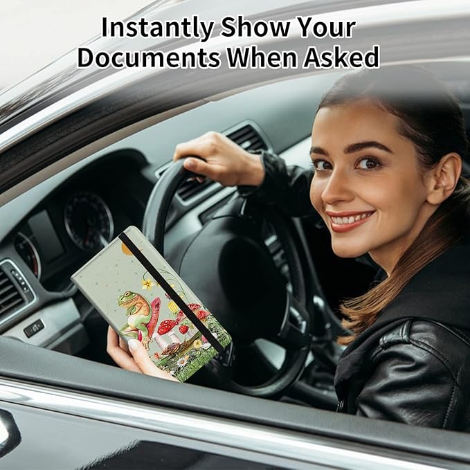 Car Registration and Insurance Card Holder, Premium PU Leather Vehicle Wallet Cover for Glove Box Car Organizer Drivers License / Cards / ID Essentials Document Holder, Aesthetic Mushroom Frog Green
