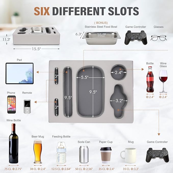 INNO STAGE Couch Cup Holder Pillow - Sofa Cup Holder with Stainless Steel Bowl Couch Drink Caddy Remote Snacks Cozy Mug Cupholder Buddy for Bed, Car, Man Cave, Rv, Tv, Backseat (PUGrey)