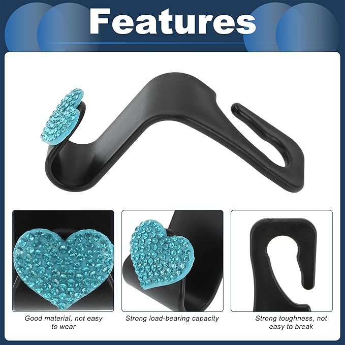 Car Seat Headrest Hook Interior Accessories for Most Car, SUV, Truck Car Seat Back Organizer Hooks Plastic Rhinestone Sturdy Blue 2.4"x1.26"