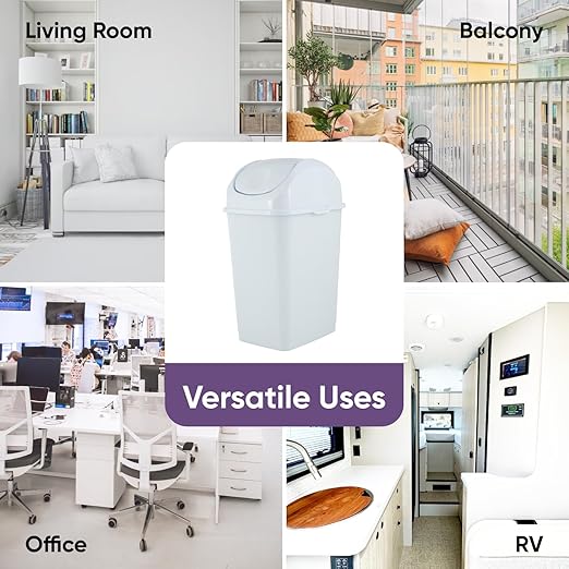 Superio Medium Trash Can with Lid 4.5 Gallon Plastic Swing Top Garbage Can Slim Waste Bin for Under Sink/Cabinet, Laundry Room, Kitchen, Office, Bedroom, Bathroom, College Dorm, 18 Qt, White
