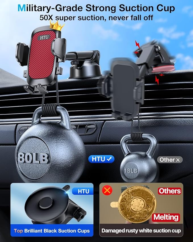 HTU 2026 Upgraded [True Military-Grade] Car Phone Holder【Safety Certs & No Smell】 Cell Phone Holder for Car Mount for Dashboard Windshield Air Vent Long Arm Thick Case,Red