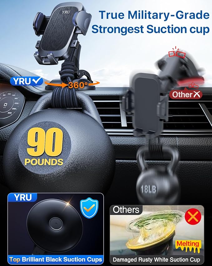 [Military-Grade Anti-Shake & 360° Rotatable Suction] 2026 Upgraded Car Phone Holder Mount【90+LBS Safest Strongest & Patent Certs】Dashboard Windshield Vent for iPhone 17 16 Pro Max Samsung,Matt Black