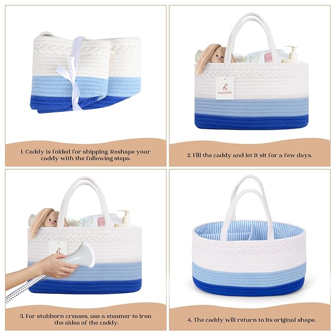 luxury little Diaper Caddy Organizer, Large Cotton Rope Nursery Baby Basket, Changing Table Organizer for Baby Diaper Storage, Portable Car Organizer Removable Divider (Blue, Large)