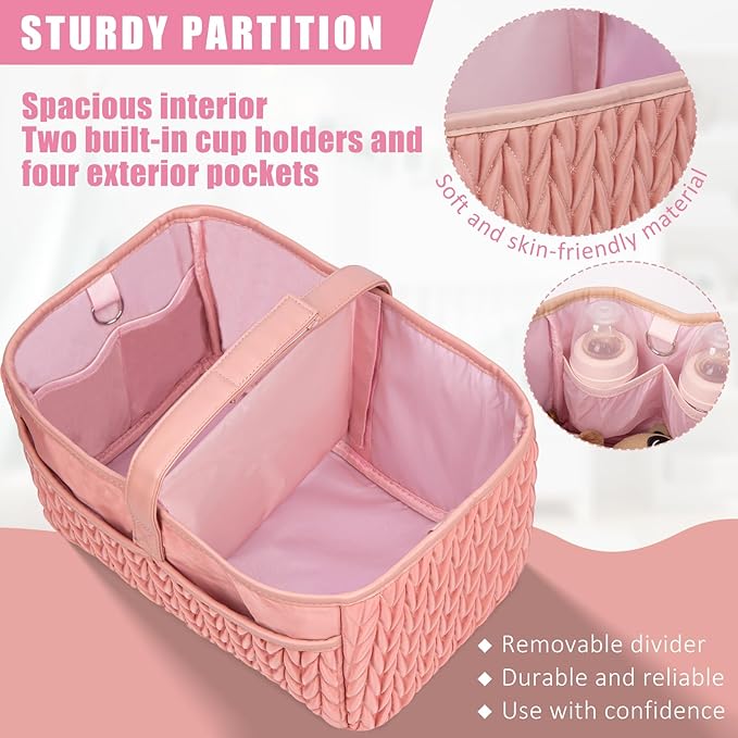 Baby Diaper Caddy Organizer - Large diaper basket with Adjustable Shoulder Strap, Portable Car Travel Tote Bag with Stroller Clips, Essential Newborn Girl Registry Gift, Pink