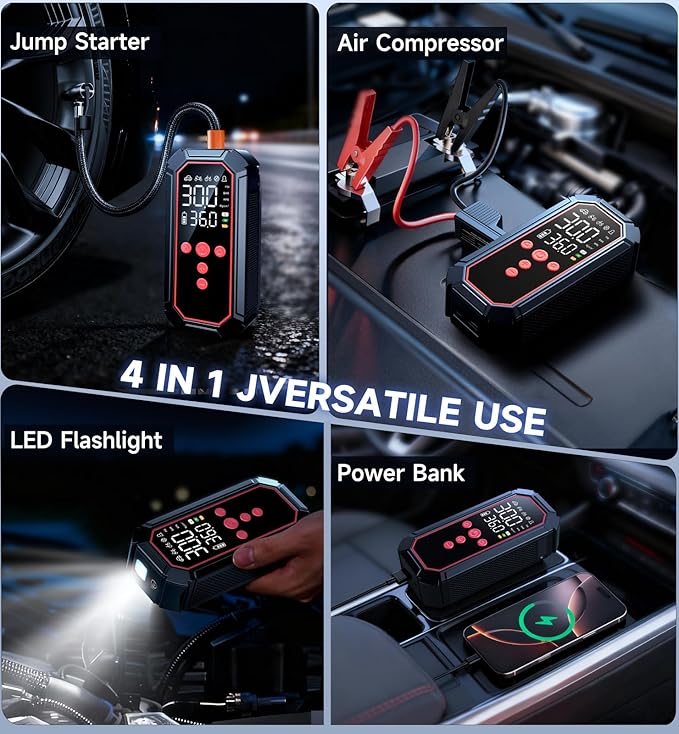 Jump Starter with Air Compressor 4000A Peak, Car Battery Jump Starter Portable (All Gas/10L Diesel),160PSI 12V Automobile Jump Box Pack Chargers with Jumper Cables 4-Mode LED Lights