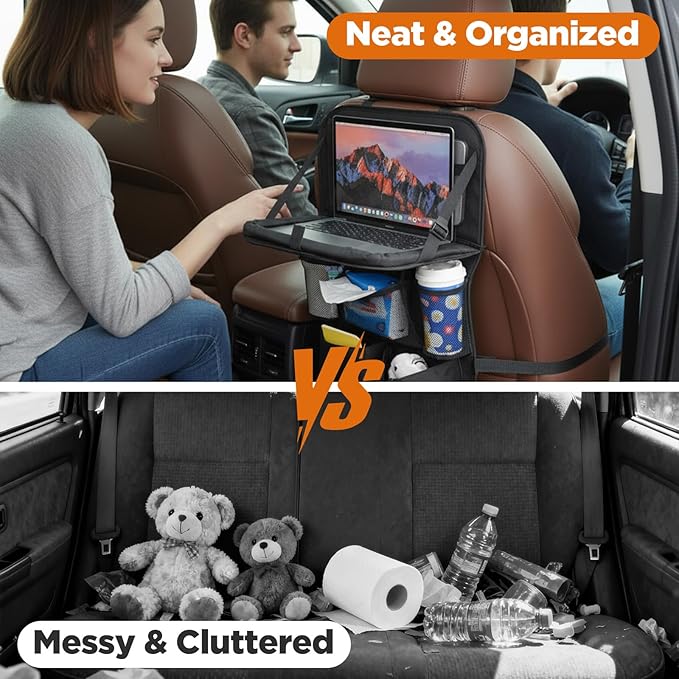 2 Pack Backseat Car Organizer with Touch Screen Tablet Holder, Travel Accessories with 9 Storage Pockets, Seat Back Protectors, Kick Mats for Kids & Adults, Fits Most Vehicles (Black)