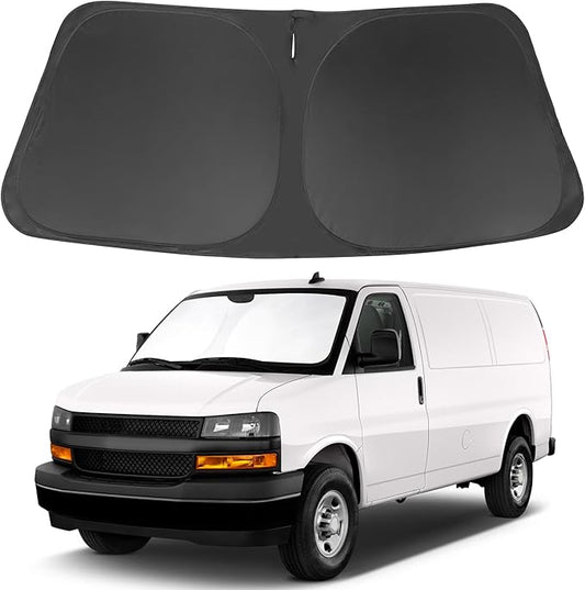 Windshield Sun Shade Compatible with 1996-2024 2025 2026 Chevrolet Express Cargo Van 1500, 3500, 4500, LS, LT Winter Accessories Foldable Sun Visor Protector Keeps Cool