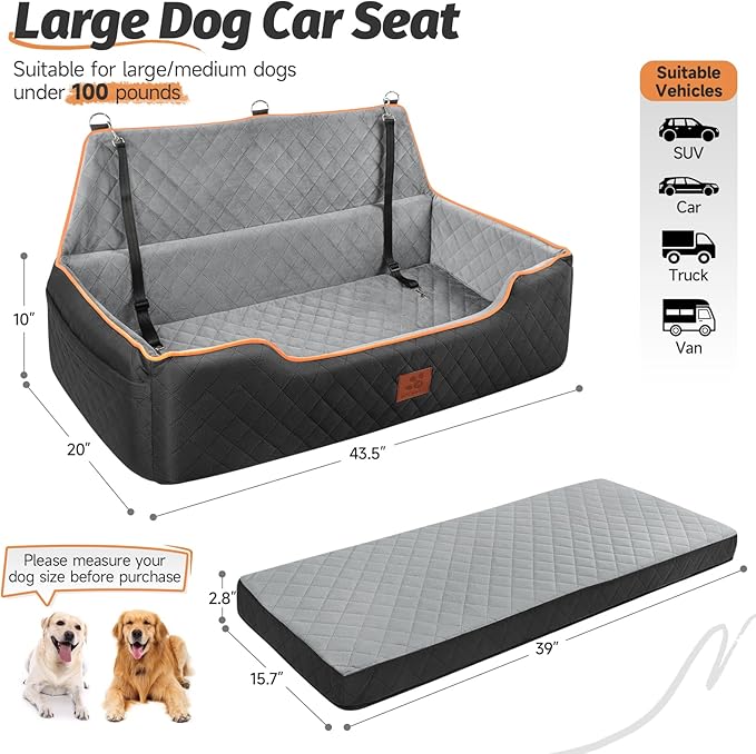 XIEEAOZEE Large Dog Car Seat, Memory Foam Dog Car Bed for Backseat & Trunk, Washable Pet Booster Seat Under 100 lbs or 2 Medium Dogs, Pet Travel Seat with Storage Pockets,2 Safety Belts
