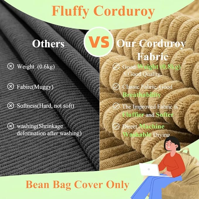 Stuffed Animal Storage Bean Bag Chair Cover (No Filler), Large Toy Storage Organizer & Comfy Kids Sofa Chair for Playroom, Teens Adults Toddler,Corduroy (Khaki, Cover Only)