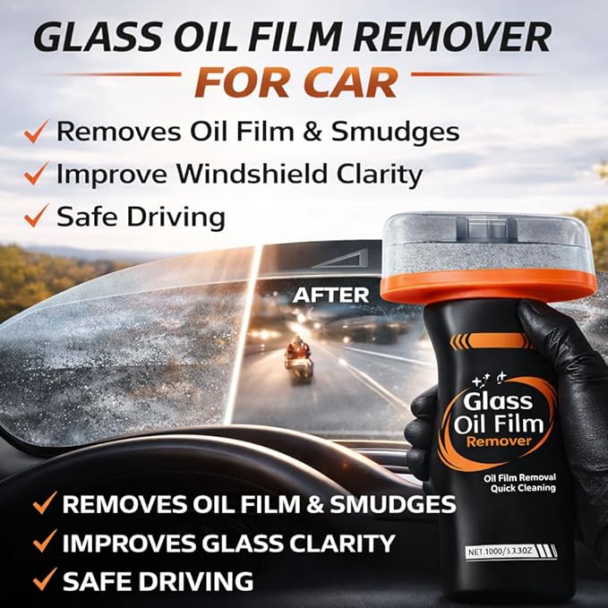 Oil Film Cleaning Brush for Car Windshield, 100g Glass Oil Film Remover with Reusable Cleaning Board, Removes Smudges & Water Spots, Anti-Fog for Safe Driving & Rainproof Prep
