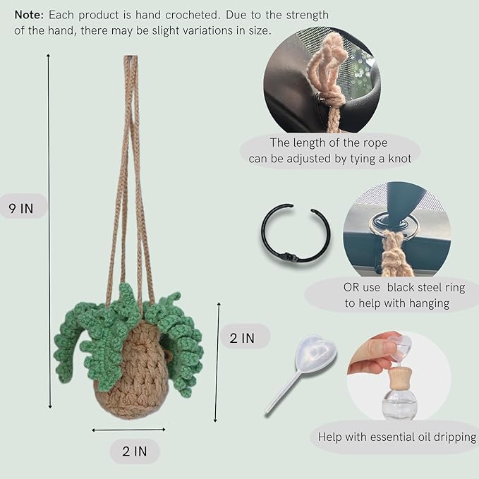 ROFIGL Handmade Crochet Hanging Car Air Freshener - Botanical Fern Leaf Design with 12ml Refillable Glass Essential Oil Bottle, Long-Lasting Car Diffuser & Nature-Inspired Decor