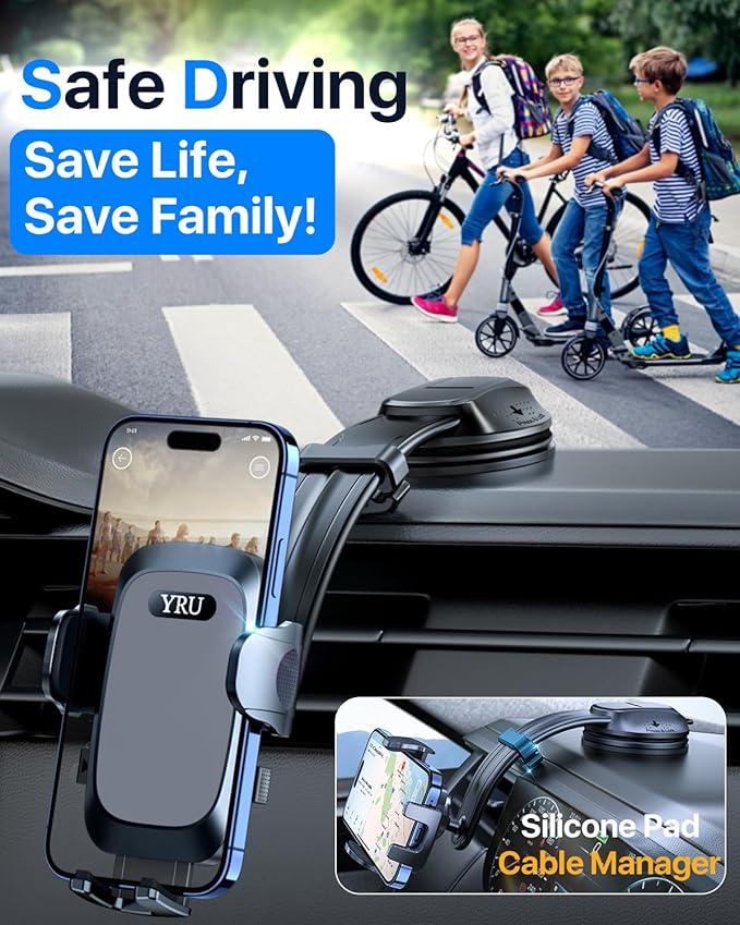 YRU 2026 Ultimate Car Phone Holder Mount Bendable & Adjustable Aluminum Arm Cell Phone Holder for Car Dashboard Windshield Phone Stand for iPhone 17 16 15 14 Pro Max Samsung Pickup Truck,Dark Silver
