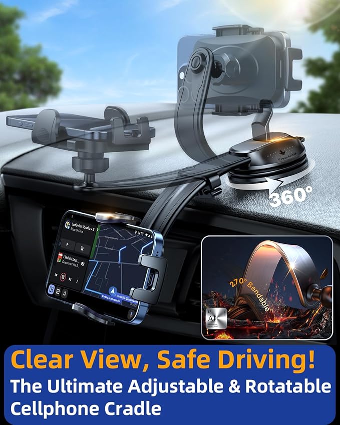 YRU [2026 Ultimate Car Phone Holder Mount [Bendable & Adjustable Aluminum Arm] Cell Phone Holder for Car Dashboard Windshield Phone Stand for iPhone 17 16 15 14 Pro Max Samsung Pickup Truck,Tomato Red
