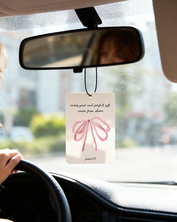 Christian Car Air Freshener Pink Cute Girly Inspirational Coquette 5Pcs Jesus Bible Verses Bow Accessories Car Interior Hanging Scents Mirror Decor Gifts for Women Girls