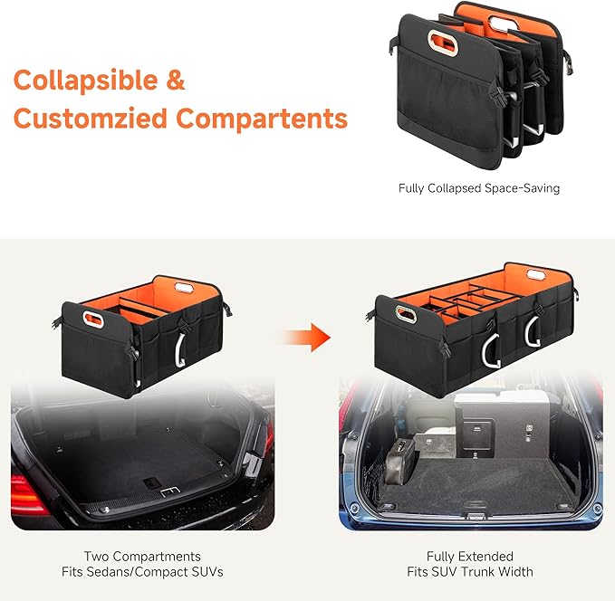 StorageWorks Trunk Organizer for SUV, Multi-Compartment Car Trunk Organizer, Car Organizer and storage with Aluminum Alloy Handle, Large, Black and Orange, 1-Pack