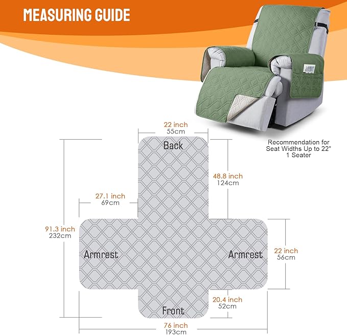 VANSOFY 100% Waterproof Recliner Chair Covers, Recliner Cover Non-Slip Dog Chair Cover Furniture Protector Washable Slipcover with Pocket, Elastic Straps for Pets, Dogs(Bean Green, 22")