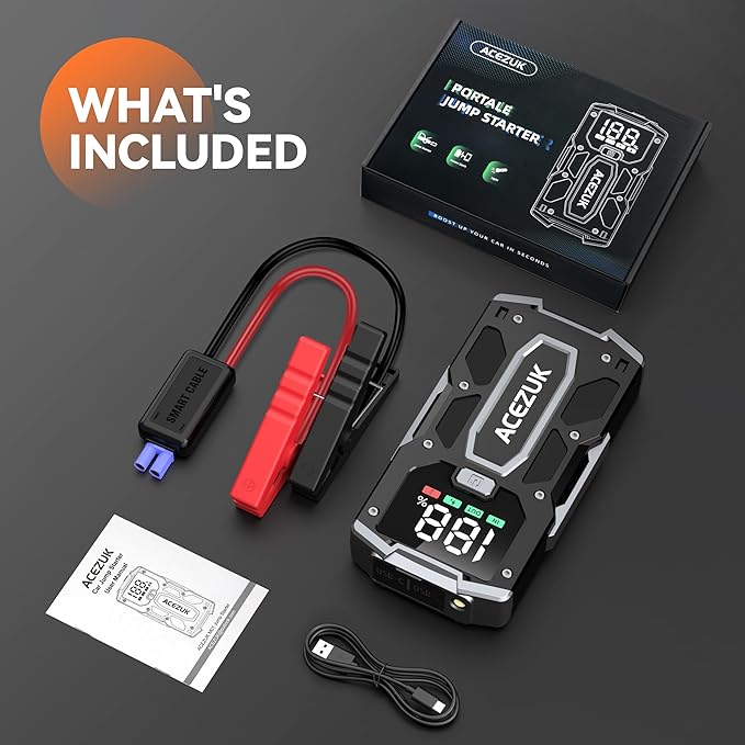 Car Jump Starter,12V 8-in-1 Jump Starter Battery Pack 6000A, Up to 7.0L Gas & 5.5L Diesel Engines Quick Charge 3.0 Power Bank Jumper Cable with LED,Large Screen