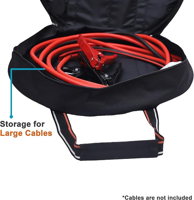BULL TOOLS EV Charging & Jumper Cable Storage Bag, Organizer 6 Pocket Handmade Carry Bag - 15x15x4 Inch Waterproof Ballistic Polyester Round Bag, Cords, Small Tools, For Motor Vehicles - Black