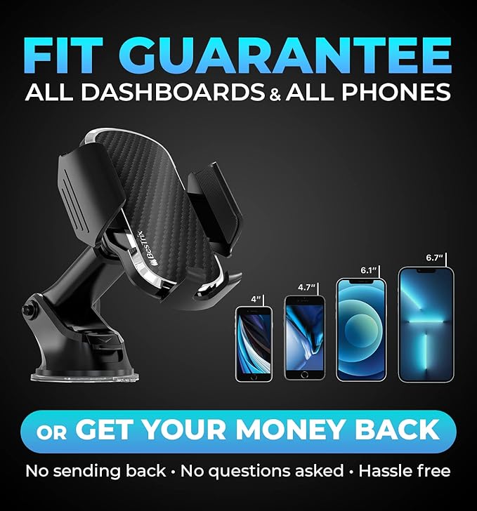 Bestrix 3-in-1 Universal Car Phone Mount Holder - Strong Suction for Dashboard & Windshield + Air Vent Clip - Adjustable Arm for All Smartphones up to 6.9”– Dashboard