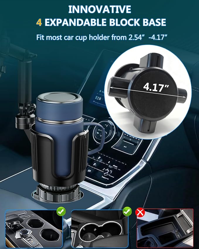 Cup Phone Holder for Car Cup Holder with Expandable Base, Detachable Dual Cellphone Holder Cupholder Car Mount with Long Arm Universal Fit iPhone and Large Bottle, for Truck SUV