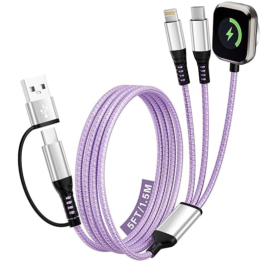 Travel Essentials, 3 in 2 USB A/C Cable to iPhone 17 Charger/iWatch Charger/IP, Braided Multi Charging Cable Cord, RV Camping Essentials, Designed for iWatch Series & iPhone17-11/iPad [Purple, 5FT]