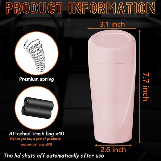 Car Trash Can with Lid-2Pack, Leakproof Garbage Can with 80 Attached Trash Bags, Mini Essential Car Accessories for Interior for Car, Home, Office（Sakura Pink）