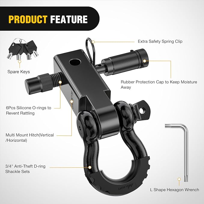 Nilight Anti-Theft Shackle Hitch Receiver 2Inch 45000 LBs Breaking Strength 3/4" Anti-Theft D Ring Shackle 5/8" Trailer Hitch Lock Pin Heavy Duty Solid Towing Kit for Trucks Off Road (Black)