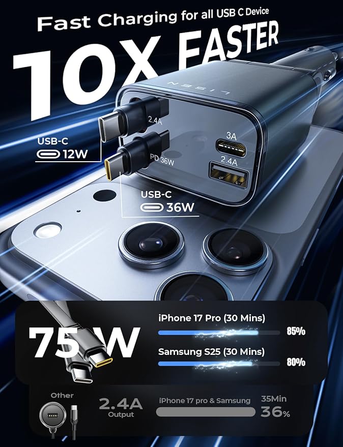 LISEN Retractable Car Charger USB C [Upgraded Dual Type C] 75W Fast 4 in 1 Car Charger for iPhone 17, Road Trip Essentials Gifts for Men Women, Car Accessories for Galaxy S26 Phone 17 Pro Max 16 15