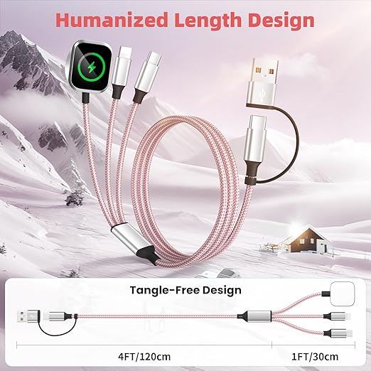 3 in 2 Multi Charging Cable for iWatch Charger/IP/USB C,Travel Cruise Essentials,Pink 1-Pack 5FT Braided USB A/C Cable Designed for Multiple Devices,Car Accessories for iWatch Ultra/SE & iPhone 17-11
