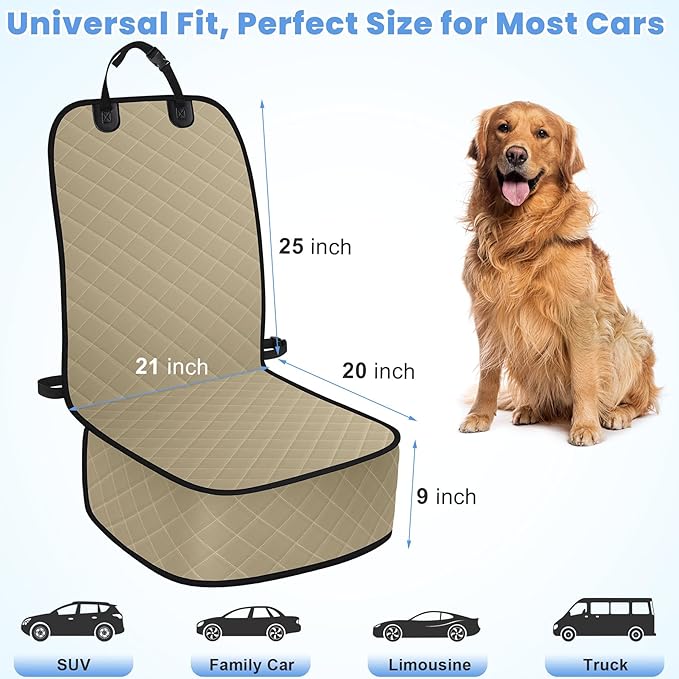 ELONGRIVER Dog Car Seat Covers, Waterproof Front Seat Cover for Dogs, Scratch-Proof, Nonslip Pet Passenger Seat Cover Protector, Universal Fit for Cars Trucks SUVs, Large Size, Khaki